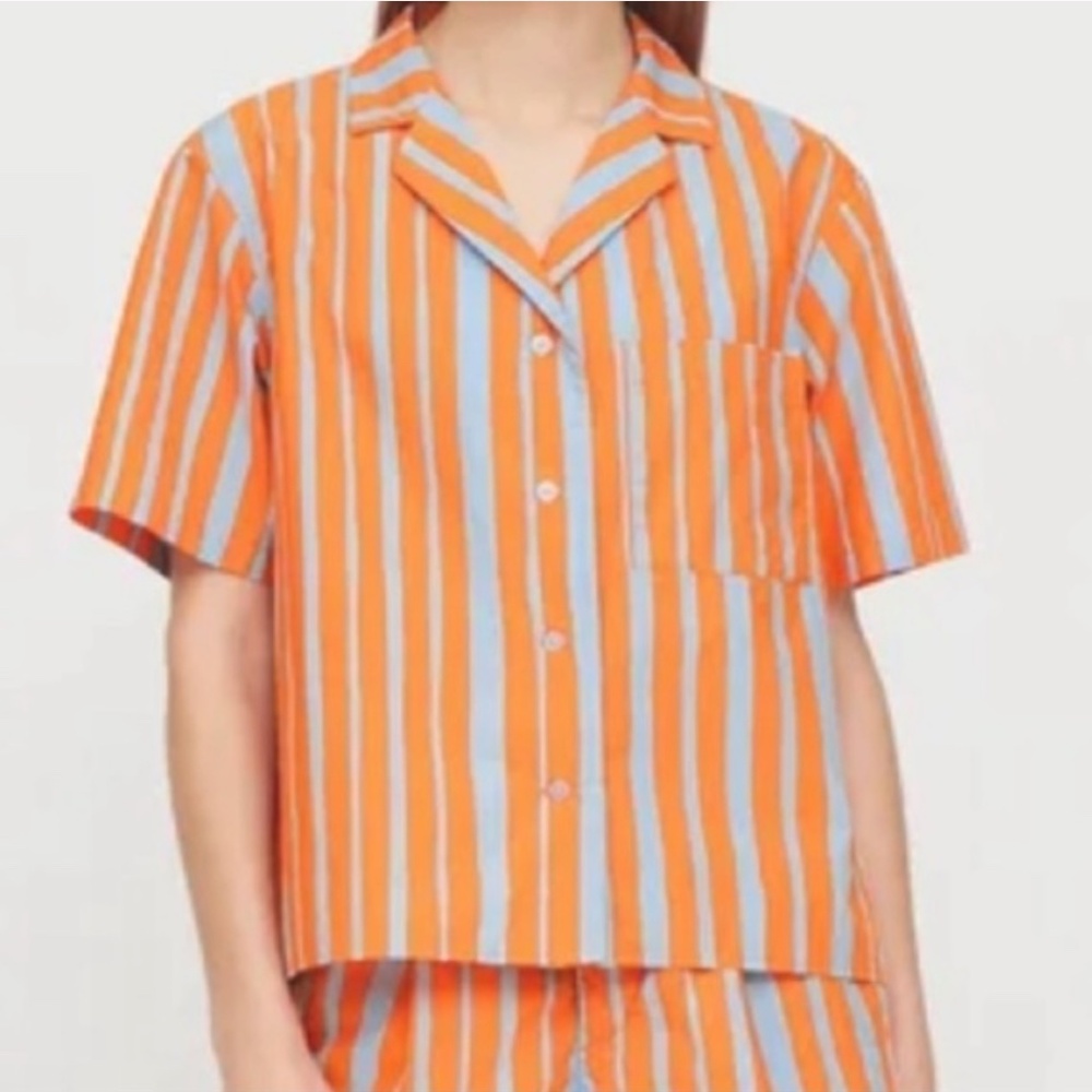Marimekko Orange and Light Blue Striped Button-Down Shirt